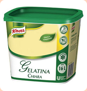 Gelatina Chiara Codice articolo 7747 6 x 0,80 Kg Gelatina chiara ad alta tenuta. Contiene gelatina animale. Per antipasti sempre perfetti, per preparare aspic salati con verdure, giardiniera, salumi.