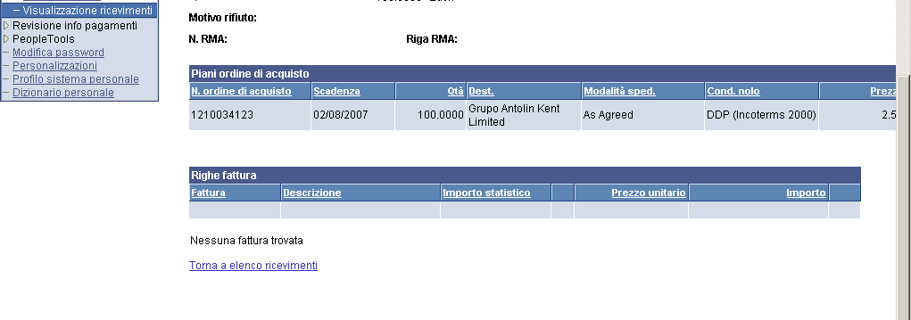 Per vedere ulteriori dettagli cliccate sul link Receiver ID nella colonna Receiver ID. Apparirà la pagina Receipt Details per il ricevimento selezionato.