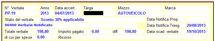 Se il verbale è notificato e al momento della consultazione è ancora possibile effettuare il pagamento scontato il riquadro contenente la descrizione degli importi pagabili contiene le seguenti