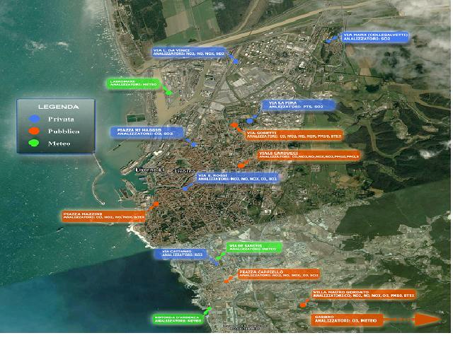 Figura 2.1 Mappa di Livorno con ubicazione stazioni di misura Figura 2.