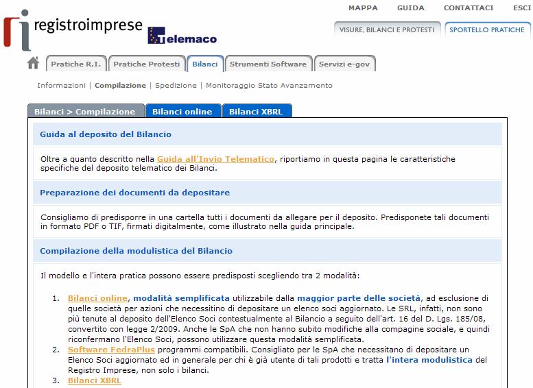 La sezione Informazioni presenta le funzioni disponibili (predisposizione, monitoraggio pratiche, standar XBRL).