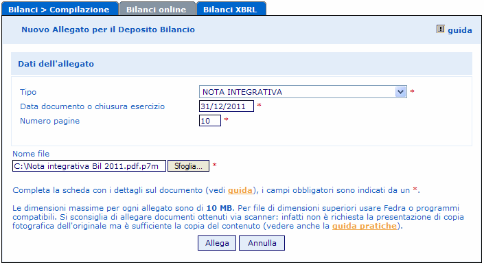 Nel caso venga allegato un file di bilancio XBRL con firma digitale non conforme alla vigente normativa (vedi paragrafo 2.