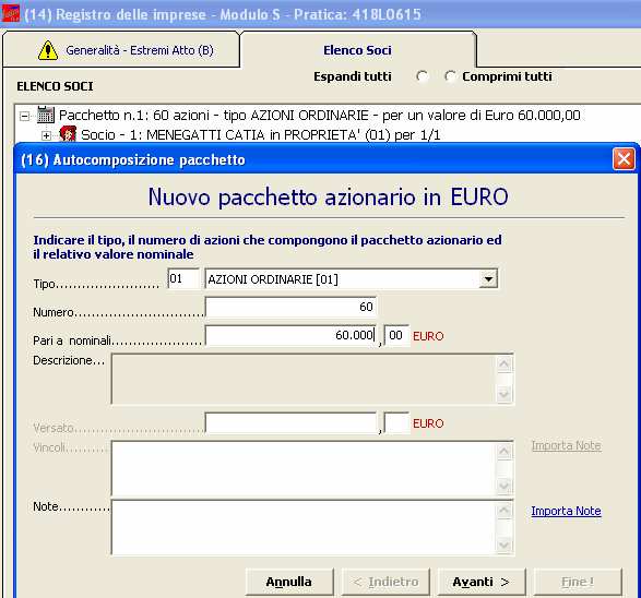 Nella schermata autocomposizione pacchetto, inserire il tipo e numero di azioni, il loro valore nominale, quindi
