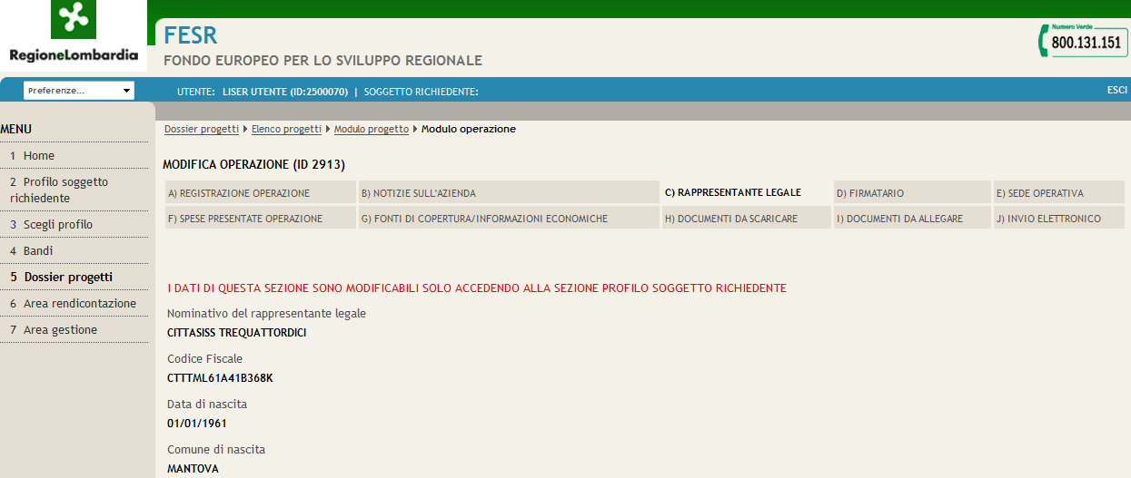 10.3) Operazione - Sezione C) Rappresentante Legale I dati di questa sezione sono di sola lettura e sono ripresi dal profilo