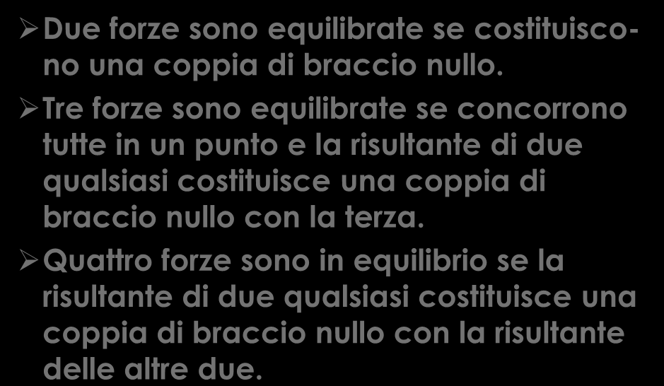 Casi particolari di sistemi piani di forze Due forze sono equilibrate se costituiscono una coppia di braccio nullo.