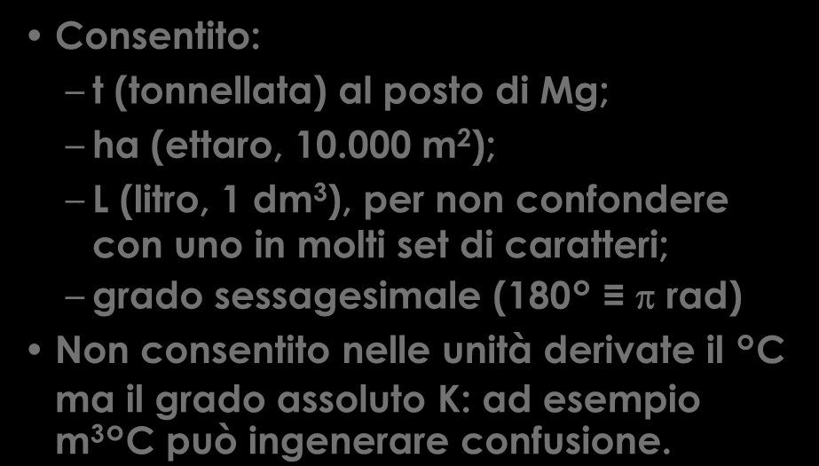 Particolarità SI -02 Consentito: t (tonnellata) al posto di Mg; ha (ettaro, 10.