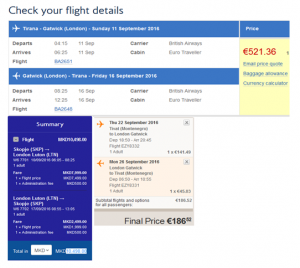 Da Tirana il volo diretto con la British Airways costa 521 euro (a/r nelle date 11/16 settembre) per l aeroporto di Gatwick.