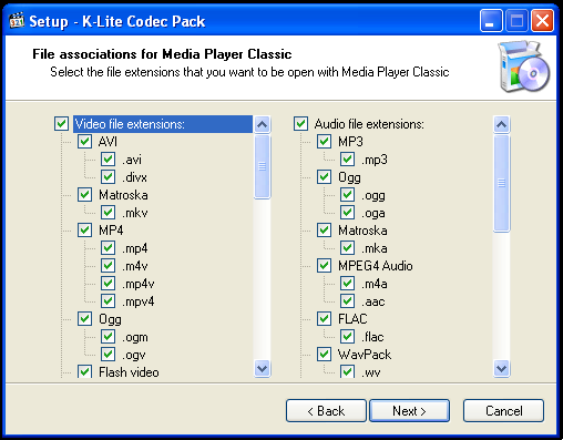 Scelta di quali formati di file multimediali verranno associati al player Media Player Classic se non si desidera