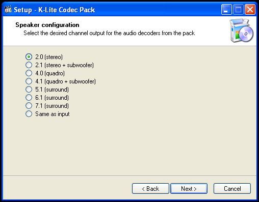 Scelta del tipo di uscita audio desiderata, dal Pacchetto dei Codec, se non si desidera modificarla, cliccare su