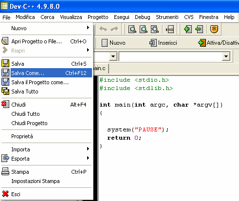 3.3. Salvataggio del codice I comandi di salvataggio sono contenuti nel menu File. Le opzioni di salvataggio sono 4: salvataggio del file sorgente.