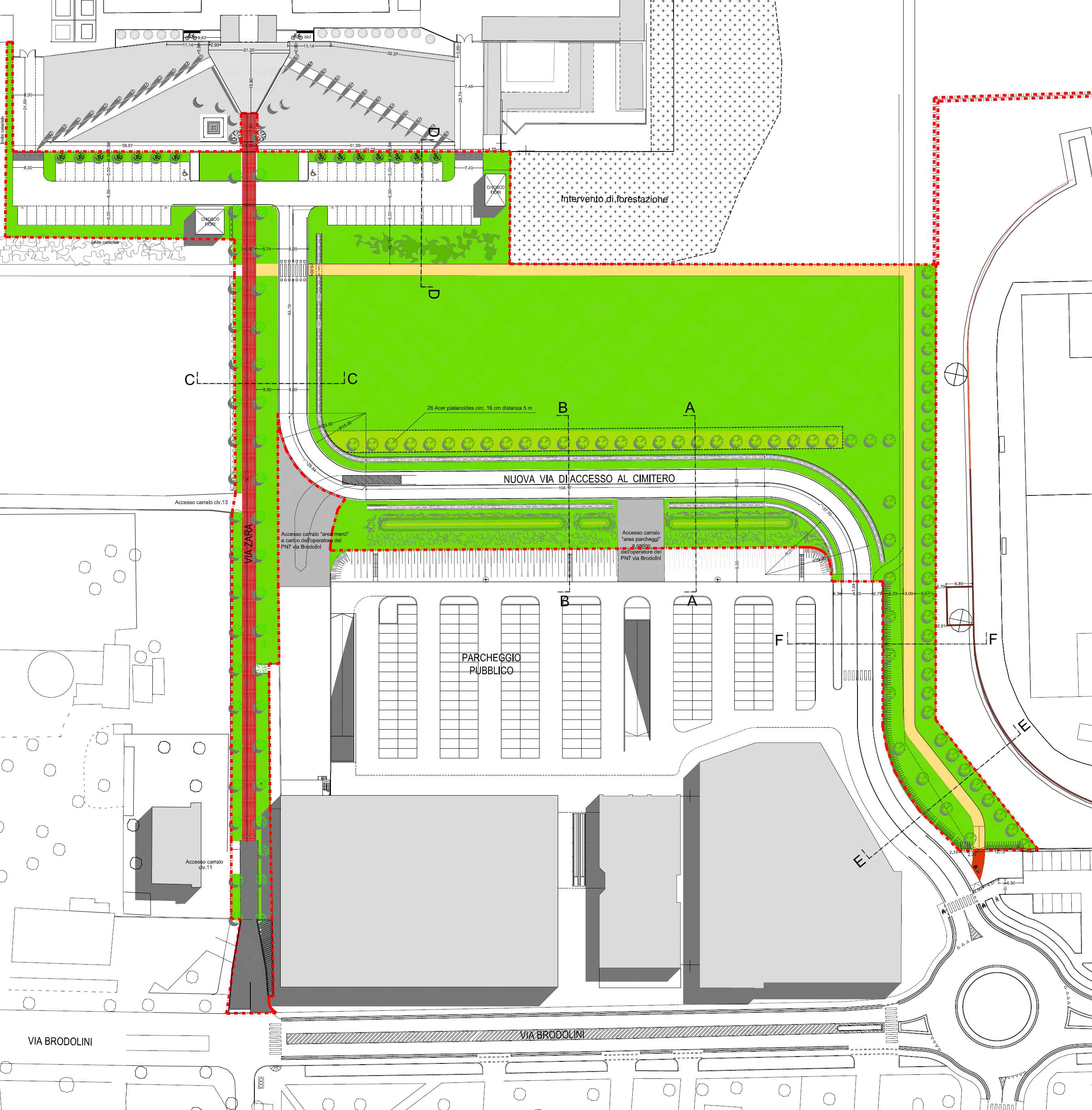 nuovo parcheggio pubblico in fregio all area di intervento comprensivo di rete di smaltimento acque meteoriche e la sistemazione generale delle aree circostanti al Cimitero.