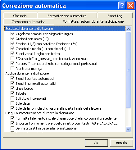 Elenchi in modo automatico Volendo, il programma inserisce in modo automatico un elenco puntato e numerato ogni qualvolta si digiti, all inizio di una riga, un asterisco oppure un numero seguito da