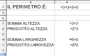 Lo stesso vale per la larghezza 2 volte larghezza si può scrivere larghezza + larghezza sostituendo con i numeri = 5 + 5 =10 oppure 2 x larghezza sostituendo con i numeri = 2 * 5 =10 PERIMETRO