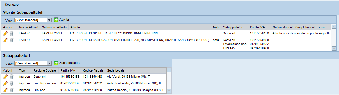 Indicazione attività subappaltabili Cliccando il tasto «Scaricare» è possibile effettuare un download in excel delle informazioni inserite.