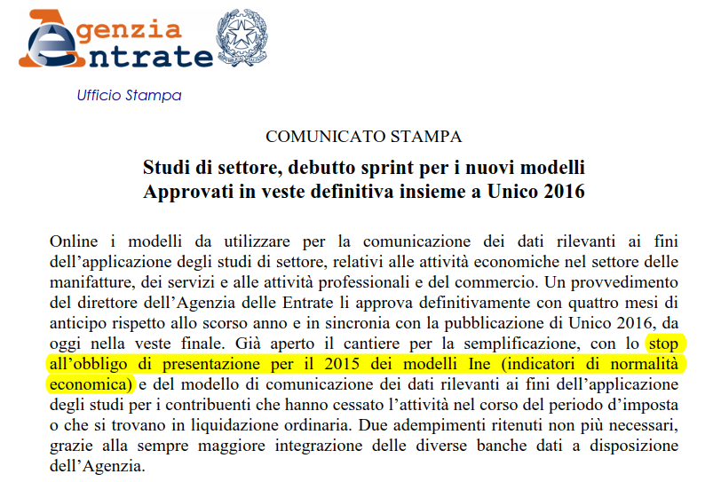 FRONTESPIZIO Sezione Tipo dichiarazione : è stata eliminata la casella Indicatori