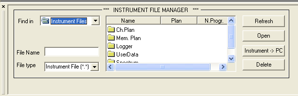 4.0 INSTRUMENT FILE MANAGER (GESTIONE LOGGER-DATA LOGGER) Questa funzione permette di trasferire LOGGER presenti nello strumento di misura dallo strumento al PC per modificarli, stamparli,