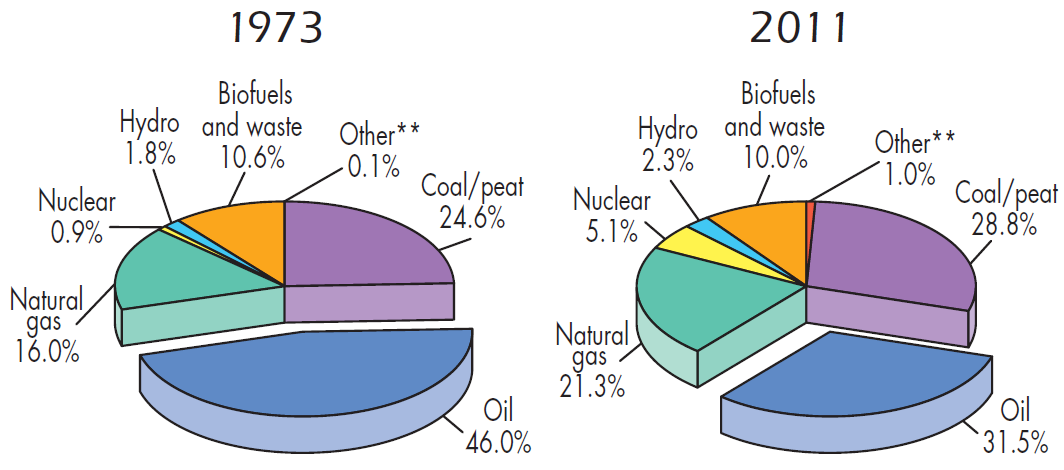 TOTAL PRIMARY ENERGY SUPPLY (IEA 2012) Energia Primaria Totale per Fonte Energetica dal 1971 al 2011 6.109 Mtoe 13.