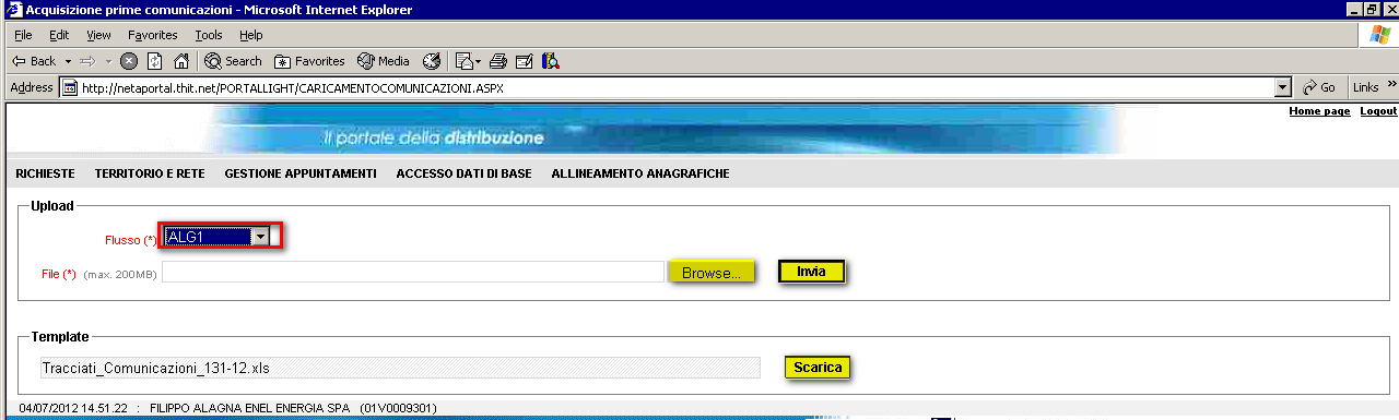 AGGIORNAMENTI PORTALE PER DELIBERA 131/12 Si descrivono di seguito le funzionalità introdotte sul Portale di Gesam per far fronte alle prescrizioni introdotte dalla delibera 131/12. 1. Caricamento del tracciato massivo ALG1 Per inviare il file ALG1 è necessario entrare nel nuovo menu del Portale: ALLINEAMENTO ANAGRAFICHE CARICAMENTO.