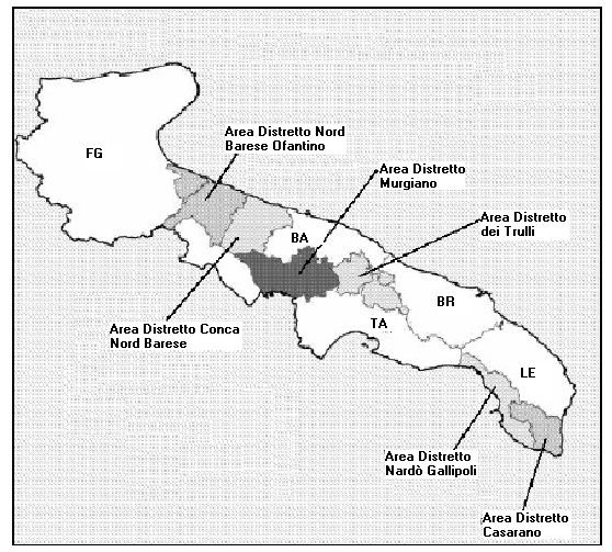 Fonte: MAP - Presidio Puglia di assistenza tecnica per l'internazionalizzazione 2004 Il distretto dei Trulli comprende i comuni di Alberobello, Castellana Grotte, Locorotondo, Noci, Putignano e