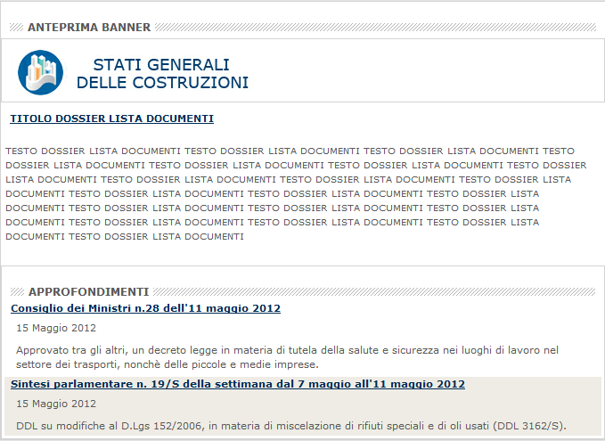 3) BANNER DOSSIER LISTA DOCUMENTI - ANTEPRIMA Visualizzazione del banner in home page