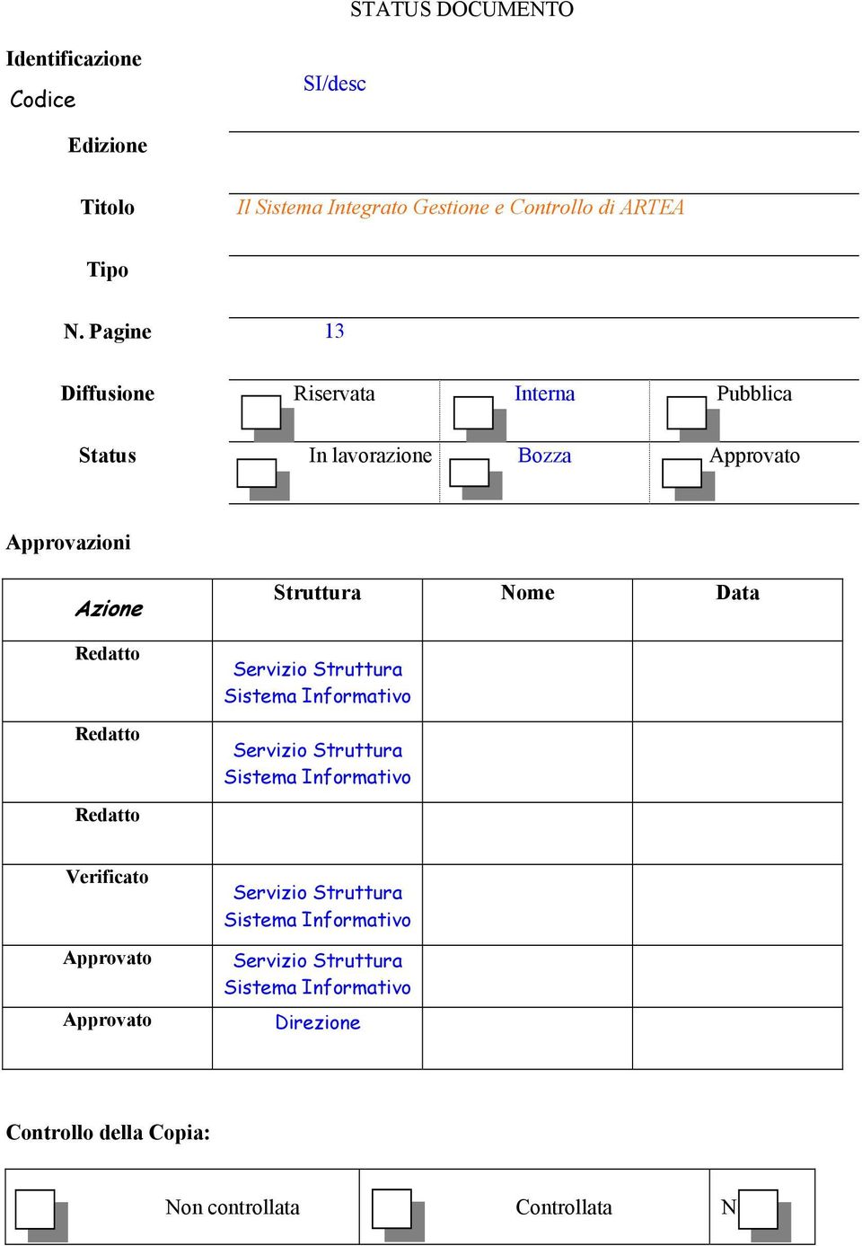 Struttura Nome Data Servizio Struttura Sistema Informativo Servizio Struttura Sistema Informativo Verificato Approvato Approvato