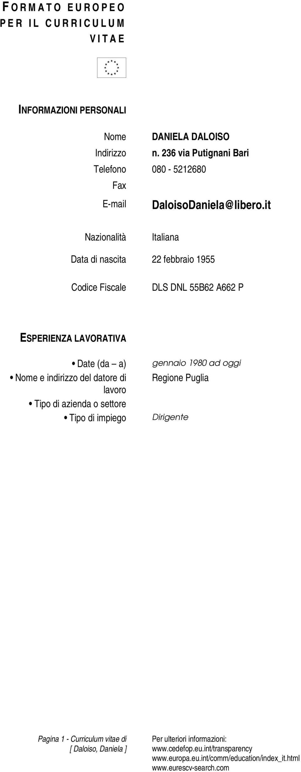 it Nazionalità Italiana Data di nascita 22 febbraio 1955 Codice Fiscale DLS DNL 55B62 A662 P ESPERIENZA