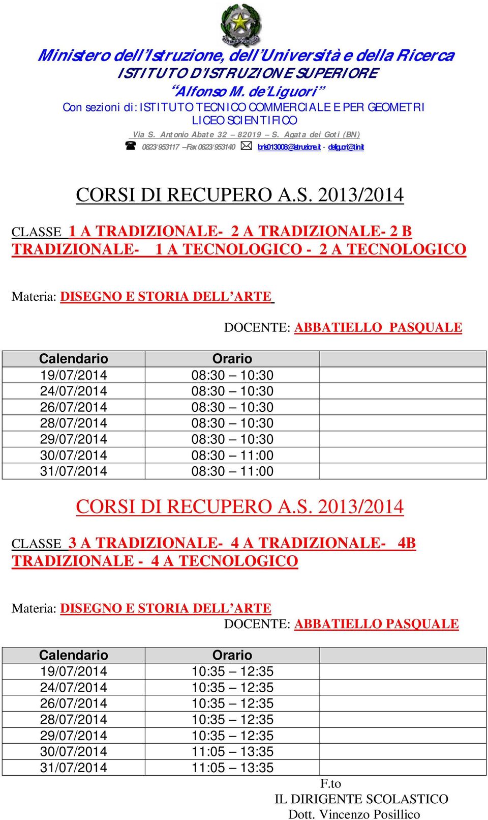 TRADIZIONALE- 4 A TRADIZIONALE- 4B TRADIZIONALE - 4 A TECNOLOGICO Materia: DISEGNO E STORIA DELL ARTE DOCENTE: ABBATIELLO PASQUALE 19/07/2014 10:35 12:35 24/07/2014