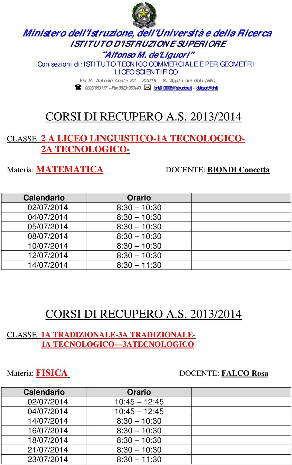 11:30 CLASSE 1A TRADIZIONALE-3A TRADIZIONALE- 1A TECNOLOGICO 3ATECNOLOGICO Materia: FISICA DOCENTE: FALCO Rosa 02/07/2014 10:45