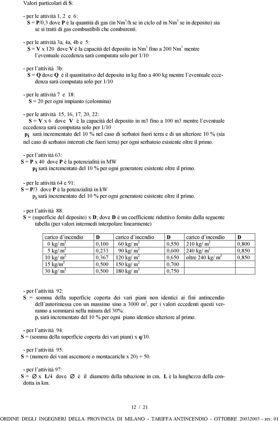 il quantitativo del deposito in kg fino a 400 kg mentre l eventuale eccedenza sarà computata solo per 1/10 - per le attività 7 e 18: S = 20 per ogni impianto (colonnina) - per le attività 15, 16, 17,