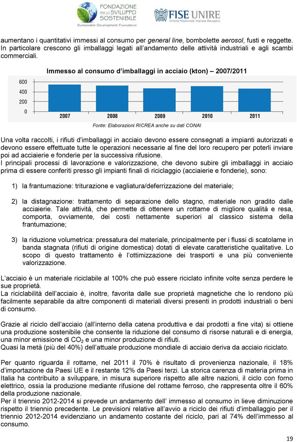 Immesso al consumo d imballaggi in acciaio (kton) 2007/2011 Fonte: Elaborazioni RICREA anche su dati CONAI Una volta raccolti, i rifiuti d imballaggi in acciaio devono essere consegnati a impianti