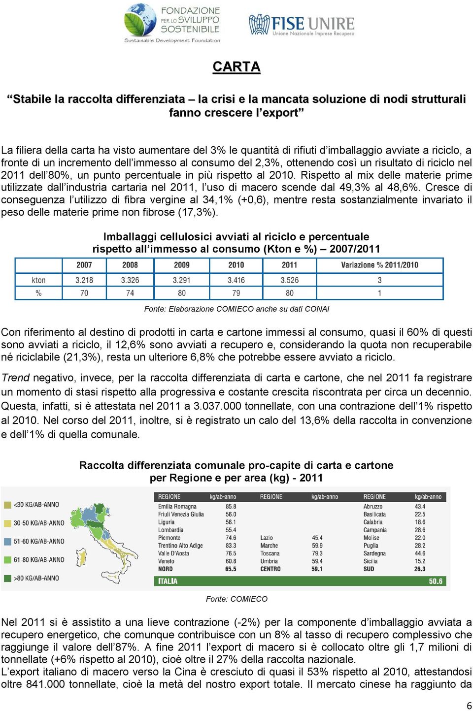 Rispetto al mix delle materie prime utilizzate dall industria cartaria nel 2011, l uso di macero scende dal 49,3% al 48,6%.