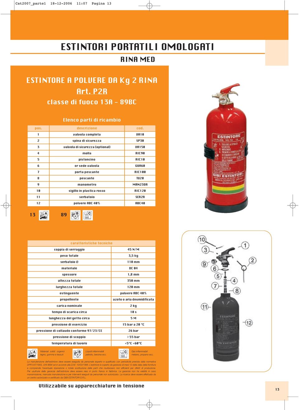 MAN23OR 10 sigillo in plastica rosso RIC120 11 serbatoio SER2R 12 polvere ABC 40% ABC40 13 89 caratteristiche tecniche coppia di serraggio peso totale serbatoio Ø 45 N/M 3,5 kg 110 mm materiale DC 04