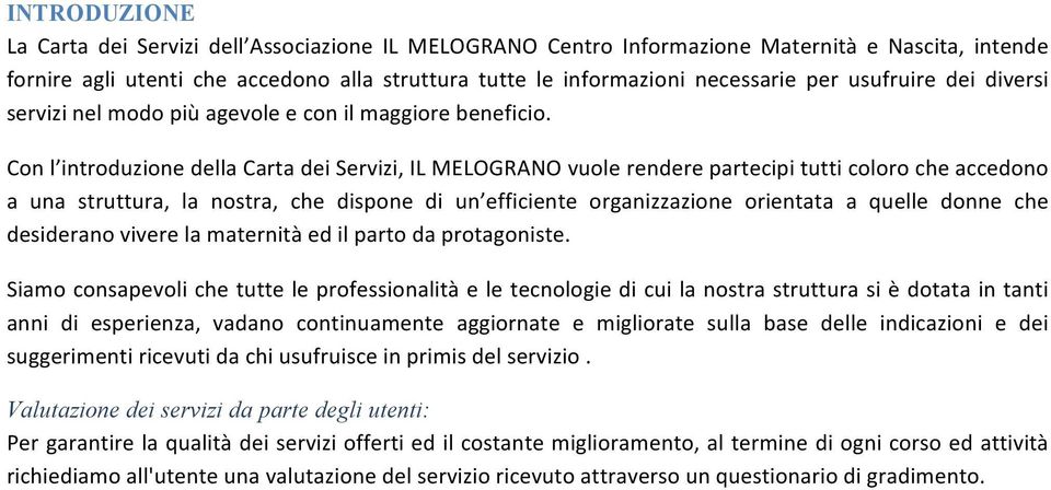 Con l introduzione della Carta dei Servizi, IL MELOGRANO vuole rendere partecipi tutti coloro che accedono a una struttura, la nostra, che dispone di un efficiente organizzazione orientata a quelle