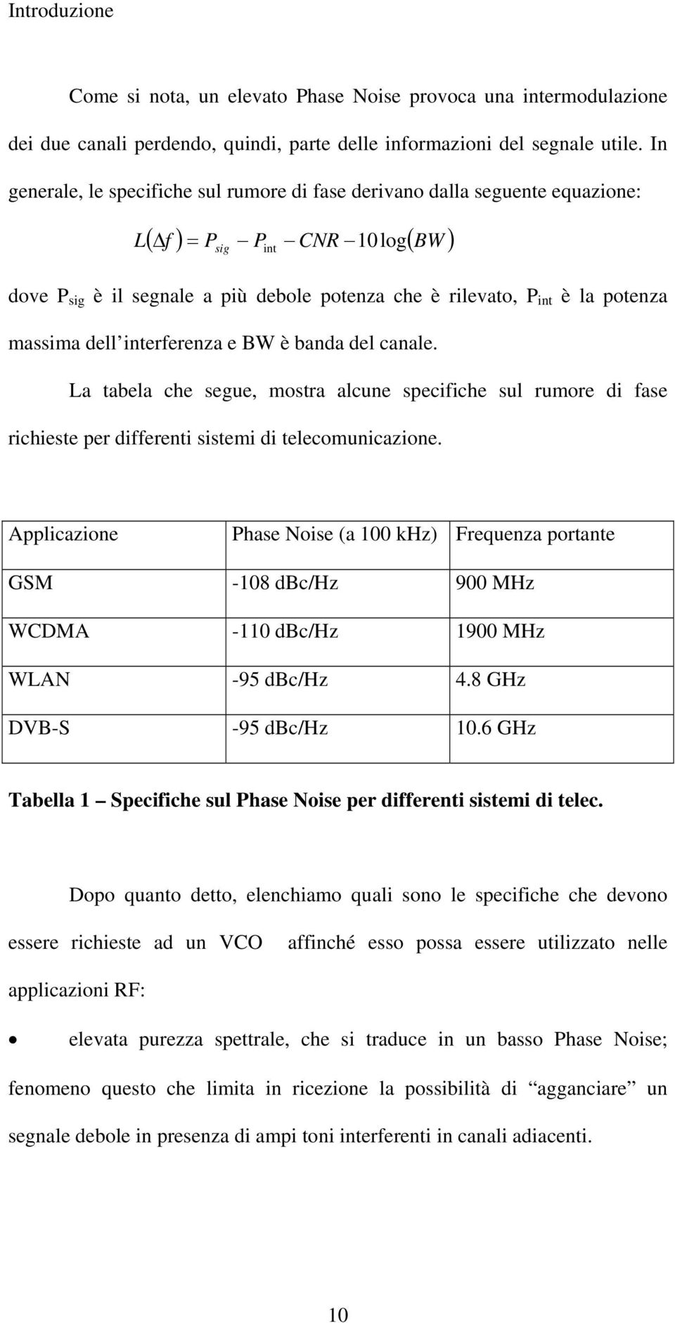 potenza massima dell interferenza e BW è banda del canale. La tabela che segue, mostra alcune specifiche sul rumore di fase richieste per differenti sistemi di telecomunicazione.