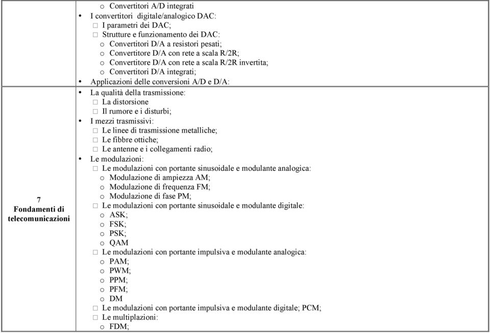 trasmissione: * La distorsione * Il rumore e i disturbi; I mezzi trasmissivi: * Le linee di trasmissione metalliche; * Le fibbre ottiche; * Le antenne e i collegamenti radio; Le modulazioni: * Le