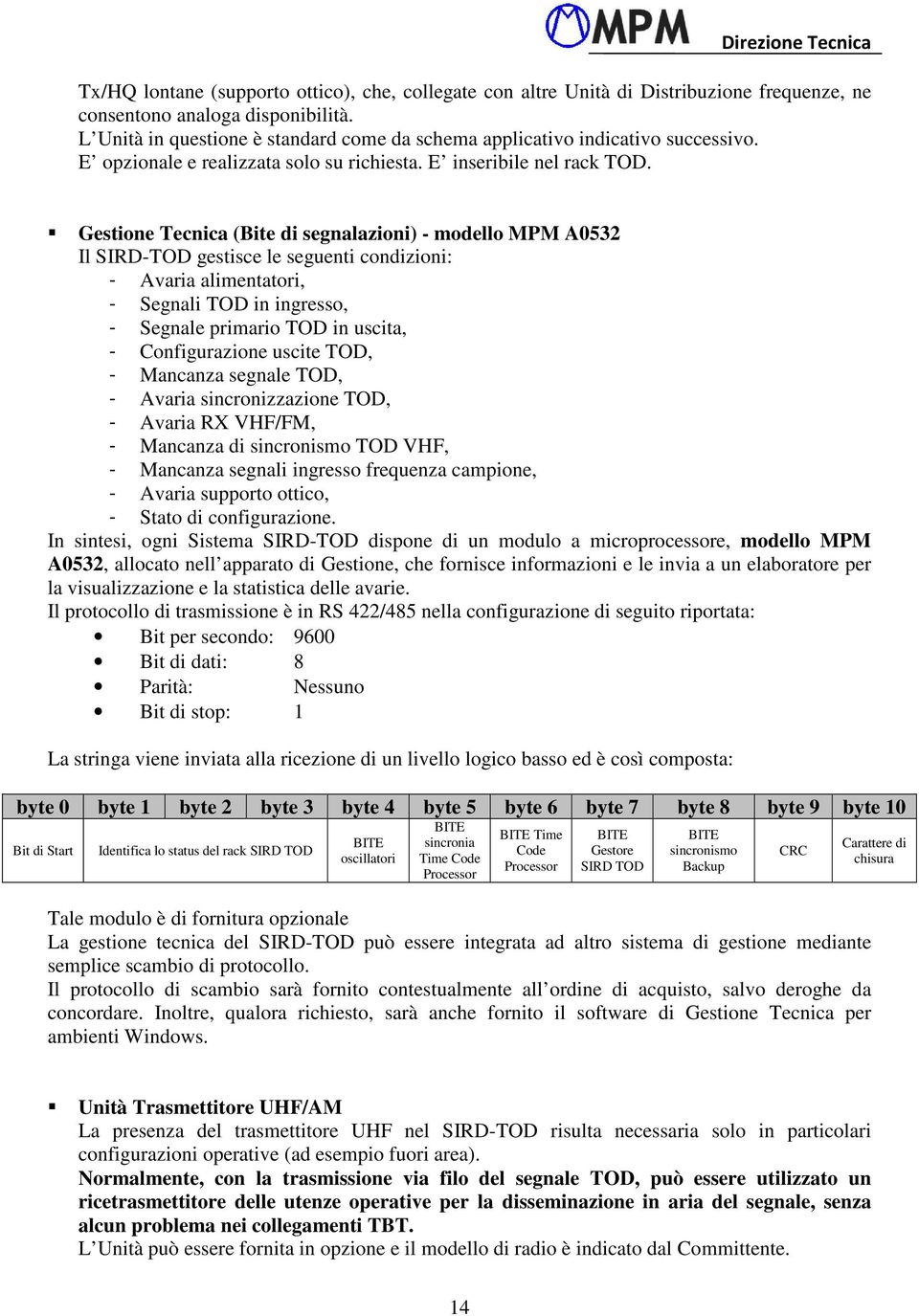 Gestione Tecnica (Bite di segnalazioni) - modello MPM A0532 Il SIRD-TOD gestisce le seguenti condizioni: - Avaria alimentatori, - Segnali TOD in ingresso, - Segnale primario TOD in uscita, -