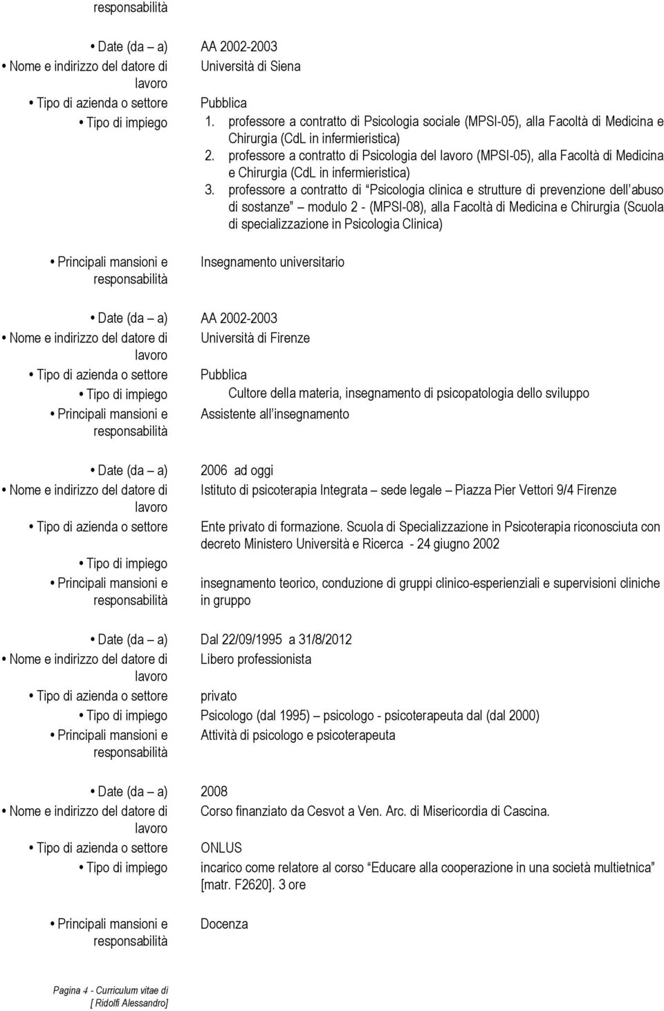 professore a contratto di Psicologia del (MPSI-05), alla Facoltà di Medicina e Chirurgia (CdL in infermieristica) 3.