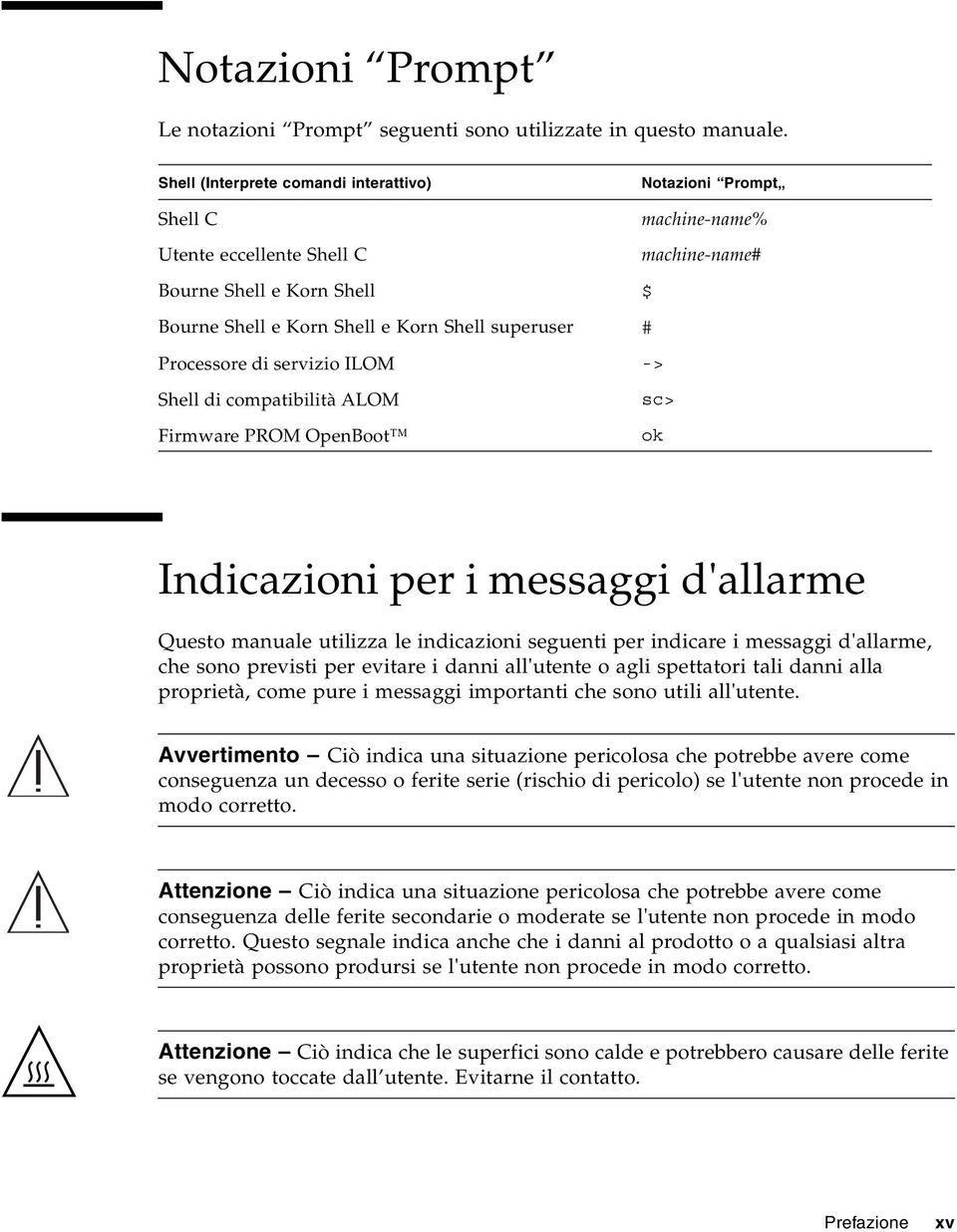 Processore di servizio ILOM -> Shell di compatibilità ALOM sc> Firmware PROM OpenBoot ok Indicazioni per i messaggi d'allarme Questo manuale utilizza le indicazioni seguenti per indicare i messaggi