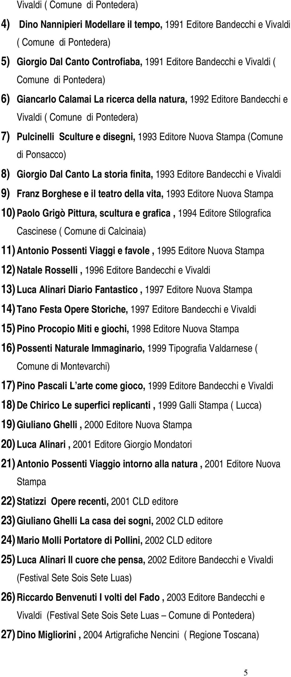 Ponsacco) 8) Giorgio Dal Canto La storia finita, 1993 Editore Bandecchi e Vivaldi 9) Franz Borghese e il teatro della vita, 1993 Editore Nuova Stampa 10) Paolo Grigò Pittura, scultura e grafica, 1994