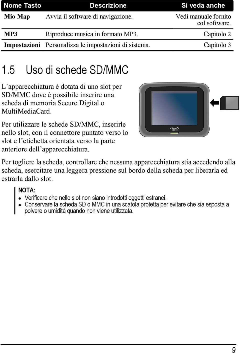 5 Uso di schede SD/MMC L apparecchiatura è dotata di uno slot per SD/MMC dove è possibile inserire una scheda di memoria Secure Digital o MultiMediaCard.