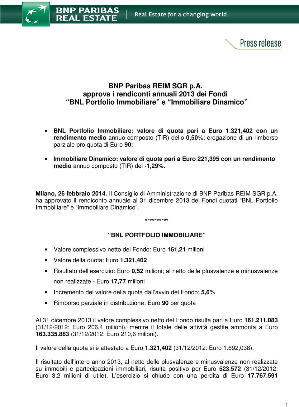 medio annuo composto (TIR) del -1,29%. Milano, 26 febbraio 2014. Il Consiglio di Amministrazione di BNP Paribas REIM SGR p.a. ha approvato il rendiconto annuale al 31 dicembre 2013 dei Fondi quotati BNL Portfolio Immobiliare e Immobiliare Dinamico.