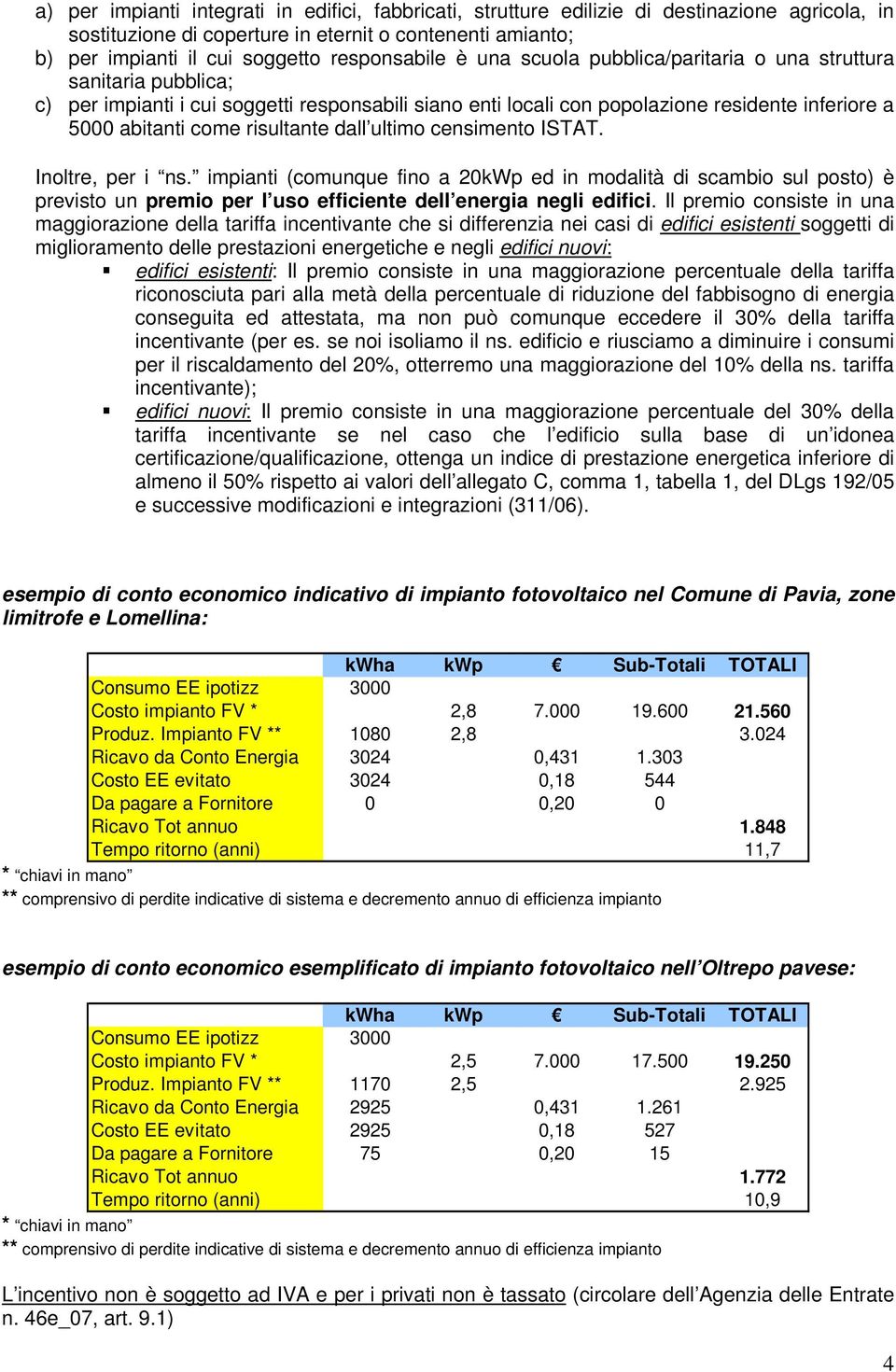 risultante dall ultimo censimento ISTAT. Inoltre, per i ns. impianti (comunque fino a 20kWp ed in modalità di scambio sul posto) è previsto un premio per l uso efficiente dell energia negli edifici.