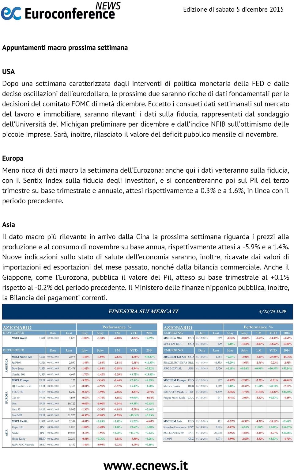 Eccetto i consueti dati settimanali sul mercato del lavoro e immobiliare, saranno rilevanti i dati sulla fiducia, rappresentati dal sondaggio dell Università del Michigan preliminare per dicembre e