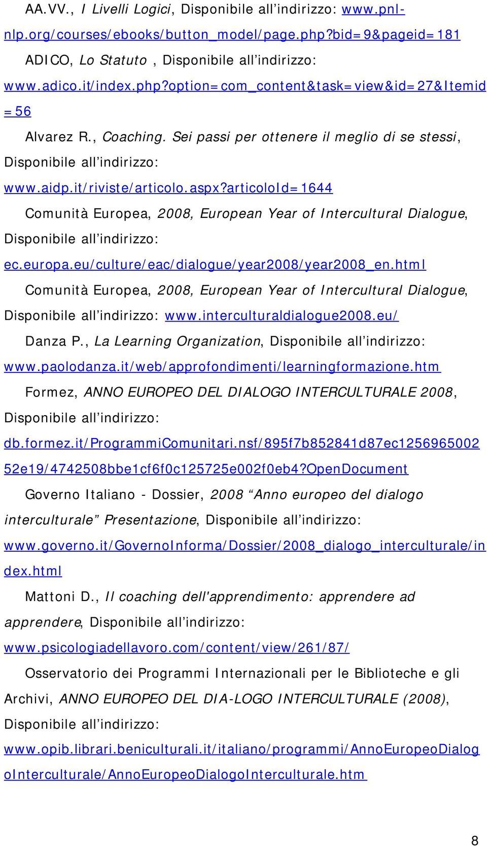 eu/culture/eac/dialogue/year2008/year2008_en.html Comunità Europea, 2008, European Year of Intercultural Dialogue, www.interculturaldialogue2008.eu/ Danza P., La Learning Organization, www.paolodanza.