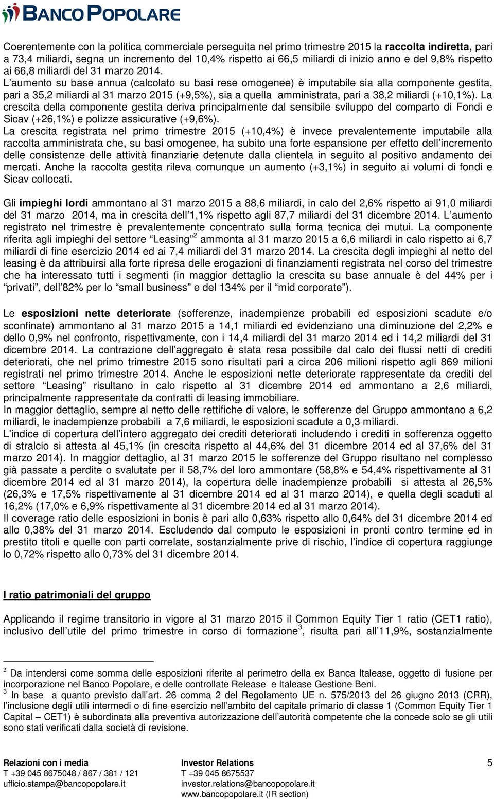 L aumento su base annua (calcolato su basi rese omogenee) è imputabile sia alla componente gestita, pari a 35,2 miliardi al 31 marzo 2015 (+9,5%), sia a quella amministrata, pari a 38,2 miliardi