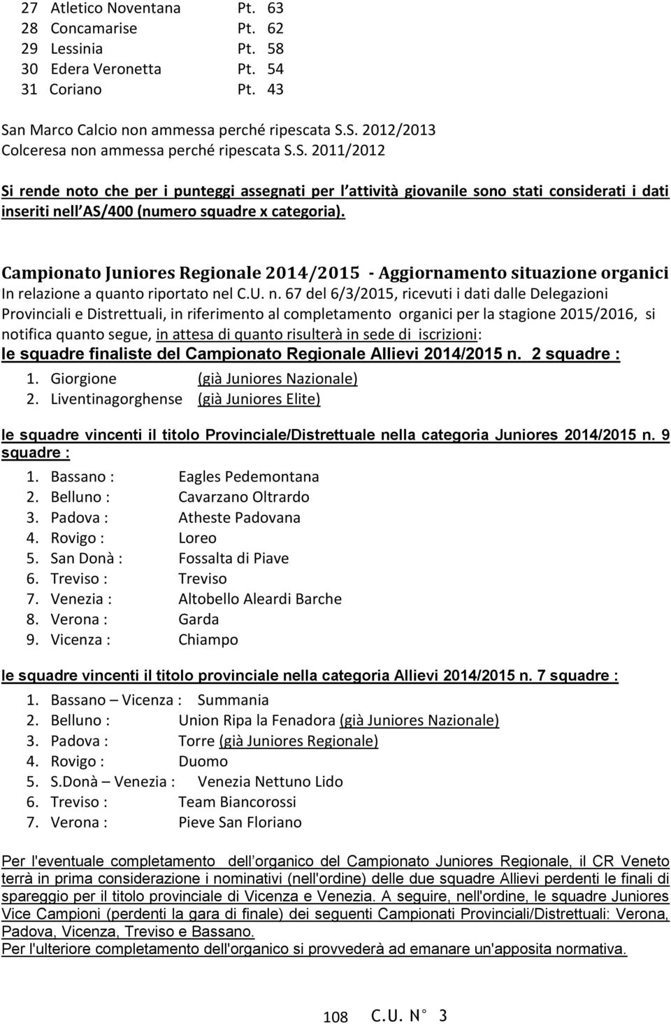 Campionato Juniores Regionale 2014/2015 - Aggiornamento situazione organici In relazione a quanto riportato ne