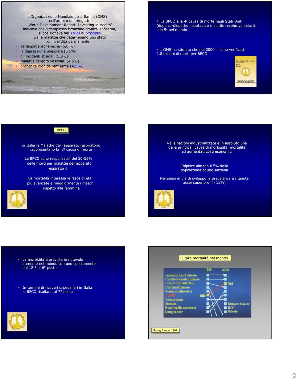 (4,5%) bronchite cronica- enfisema (4,5%) La è la 4a causa di morte negli Stati Uniti (dopo cardiopatie, neoplasie e malattie cerebrovascolari) e la 5a nel mondo L OMS ha stimato che nel 2000 si sono