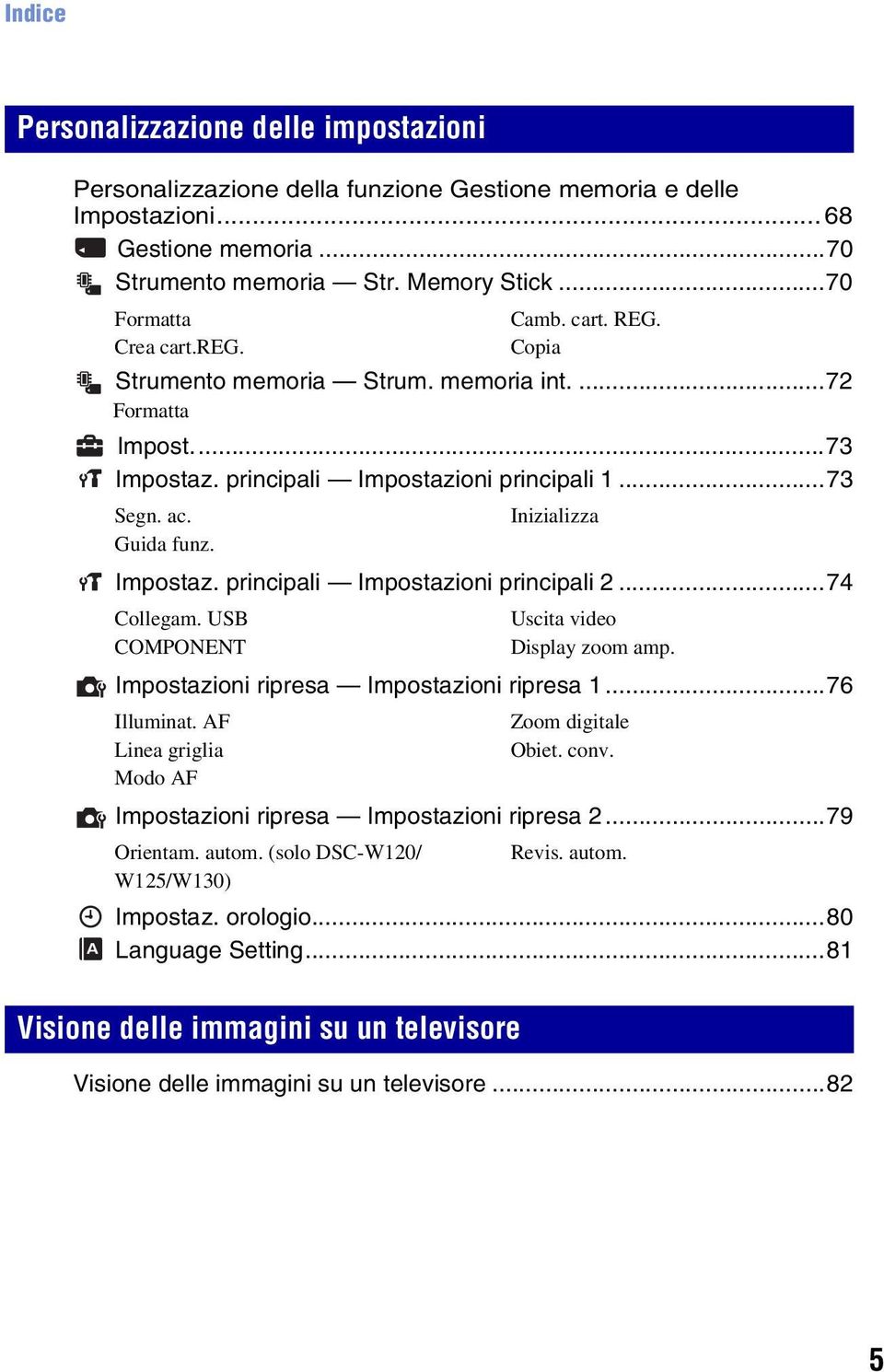 ..74 Collegam. USB COMPONENT Camb. cart. REG. Copia Impostazioni ripresa Impostazioni ripresa 1...76 Illuminat. AF Linea griglia Modo AF Uscita video Display zoom amp. Zoom digitale Obiet. conv.