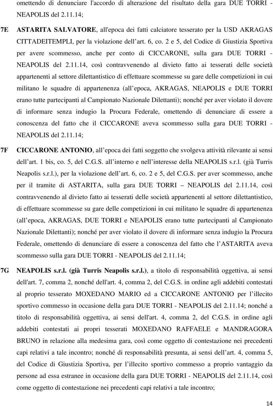 2 e 5, del Codice di Giustizia Sportiva per avere scommesso, anche per conto di CICCARONE, sulla gara DUE TORRI - NEAPOLIS del 2.11.