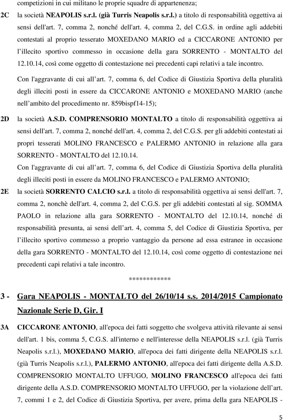 in ordine agli addebiti contestati al proprio tesserato MOXEDANO MARIO ed a CICCARONE ANTONIO per l illecito sportivo commesso in occasione della gara SORRENTO - MONTALTO del 12.10.